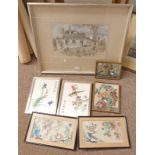 FRAMED WATERCOLOUR EWELWE COTTAGE SIGNED ANNE MCWILLIAM - 10 X 15 CM & VARIOUS EMBROIDERED PICTURES