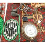 CIRCULAR BRASS AND WOOD WALL BAROMETER, SUGAR CANE SNIPS, CASED SET OF PLATED CUTLERY,