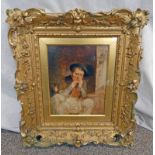 ATTRIBUTED TO ERSKINE NICOL FATHER & HIS CHILD UNSIGNED GILT FRAMED OIL PAINTING 10 X 8 CM