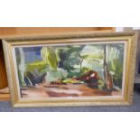 IN THE STYLE OF IVON HITCHENS WOODLAND SCENE BEARS SIGNATURE GILT FRAMED OIL PAINTING 44 X 89 CM