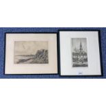 STONEHAVEN SQUARE SIGNED FRAMED ETCHING WITH ONE OTHER FRAMED LANDSCAPE ETCHING 24 CM X 13 CM