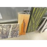 PAIR OF UNFRAMED OIL PAINTINGS OF BAMBOO & 2 NEW YORK CITY SCAPE PRINTS