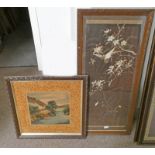 ORIENTAL FRAMED SEWN WORK PANEL PICTURE OVERALL SIZE 108 X 57 CM & ORIENTAL TEXTILE PICTURE