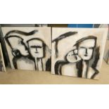 PAIR OF ABSTRACT OIL PAINTING OF EACH OF 2 PEOPLE SIGNED KIHO 99CM X 100CM
