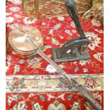 19TH CENTURY COPPER AND IRON LIDDED POT WITH IRON LOCKING SPAR AND A DESK STAMP WITH DUMFRIESHSIRE