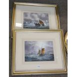 PAIR OF UNSIGNED GILT FRAMED WATERCOLOURS OF BOATS IN ROUGH SEAS -2-
