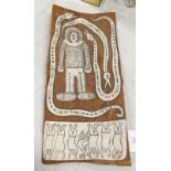 ANCESTRAL FIGURE SURROUNDED BY SNAKES & FIGURES AUSTRALIAN ABORIGINAL PAINTING ON BARK 63 X 28 CM