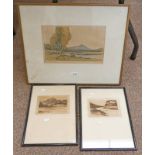 JACKSON SIMPSON BENNACHIE FROM WHITEHAUGH SIGNED FRAMED COLOURED ETCHING 7 X 11 CM & 2 OTHERS