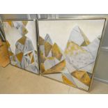 PAIR OF FRAMED GOLD, SILVER & WHITE ABSTRACT OIL PAINTINGS,