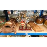 CARVED WOOD DRAGONS HEADS, FOLDABLE CARVED WOOD BOOK SHELF, HARDSTONE FIGURES INCLUDING A BUDDHA,