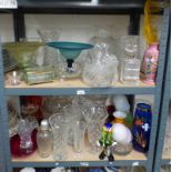 ENAMELLED GLASS WARE, CUT GLASS BOWLS, LARGE SELECTION OF VASES, VARIOUS COLOURED GLASS,