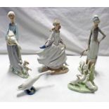 4 LLADRO FIGURES: 'GIRL WITH GEESE' 28CM TALL AND 'DANCING GIRL' ETC AND ONE NAO FIGURE - 'GIRL