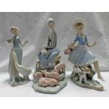 3 LLADRO FIGURES GIRL WITH DOG - 27 CM TALL, GIRL WITH GOOSE,