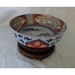 19TH CENTURY CHINESE PORCELAIN BOWL DECORATED WITH LANDSCAPE SCENE ON HARDWOOD STAND - 24 CM