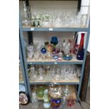 LARGE SELECTION OF COLOURED GLASS WARE, CUT GLASS DECANTERS, BOWLS, PAPERWEIGHTS,