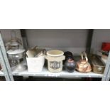 PARAFFIN LAMP, COPPER KETTLE, SET OF BOWLS, MOULDS,