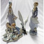 3 LLADRO FIGURES AND DOVE: GIRL WITH BEAR, GIRL FEEDING DUCKS AND GIRL HIDING BOOK 38 CM TALL,