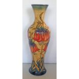 MOORCROFT VASE WITH FLORAL DECORATION WITH GOLD & BLUE MARKS TO BASE. HEIGHT - 31 CM.