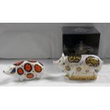 2 ROYAL CROWN DERBY IMARI PAPERWEIGHTS, SPOTTY PIG WITH GOLD STOPPER,