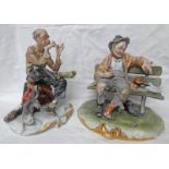 2 CAPO DE MONTE - MAN SITTING ON BENCH FEEDING BIRDS, OTHER MAN SITTING ON STOOL HOLEY SOCK.