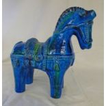 CHINESE POTTERY HORSE WITH BLUE & GREEN GLAZED DECORATION.