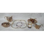 ROYAL CROWN DERBY IMARI PATTERN CHINAWARES TO INCLUDE MILK JUGS, SAUCER, TRINKET BOX AND 2 OTHERS,