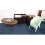 OAK PHONE SEAT WITH LIFT SEAT, CROSSBANDED OVAL TOPPED TABLE ON CENTRE PEDESTAL,
