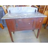 LATE 19TH CENTURY MARBLE TOPPED WASHSTAND WITH SINGLE PANEL DOOR ON SQUARE SUPPORTS,