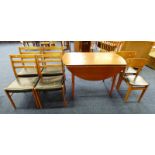 TEAK DROP LEAF KITCHEN TABLE ON TAPERED SUPPORTS, SET OF 4 TEAK CHAIRS & 2 OTHER CHAIRS.