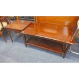 MODERN MAHOGANY COFFEE TABLE ON SQUARE SUPPORTS AND MAHOGANY LAMP TABLE WITH SINGLE DRAWER ON