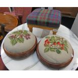 PAIR OF TAPESTRY TOPPED CIRCULAR MAHOGANY FOOT STOOLS & OAK STOOL ON TURNED SUPPORTS