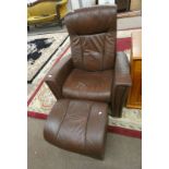 NORTHERN COMFORT BROWN LEATHER RECLINING ARMCHAIR & STOOL
