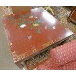 EASTERN RED LACQUER & GILT LOW SQUARE COFFEE TABLE WITH PAINTED FLORAL DECORATION TO TOP 92CM WIDE