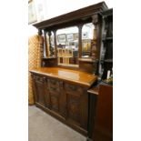 LATE 19TH CENTURY CARVED OAK MIRROR BACK SIDEBOARD WITH 4 DRAWERS & 3 PANEL DOORS,