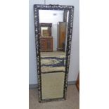 EBONISED EASTERN HARDWOOD FRAMED MIRROR WITH DECORATIVE MOTHER OF PEARL INLAY 109 CM TALL X 28 CM
