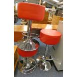 SET OF 3 CHROME AND RED LEATHERETTE RISE AND FALL CIRCULAR STOOLS