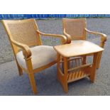 PAIR OF OAK FRAMED OPEN ARMCHAIRS WITH BERGERE BACKS ON SQUARE SUPPORTS & ERCOL MAGAZINE RACK