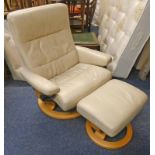 CREAM LEATHER STRESSLESS RECLINING ARMCHAIR WITH MATCHING STOOL