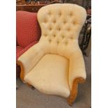 19TH CENTURY WALNUT FRAMED BUTTON BACK GENTLEMAN'S ARMCHAIR ON TURNED SUPPORTS