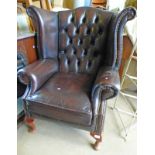 BROWN LEATHER WINGBACK CHESTERFIELD STYLE ARMCHAIR ON QUEEN ANNE SUPPORTS