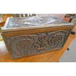 19TH CENTURY OAK BOX WITH DECORATIVE CARVING 28CM TALL X 48 CM LONG