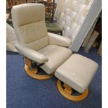 CREAM LEATHER STRESSLESS RECLINING ARMCHAIR WITH MATCHING STOOL