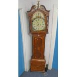 19TH CENTURY INLAID MAHOGANY GRANDFATHER CLOCK WITH PAINTED MASONIC THEMED DIAL MARKED CHAS.