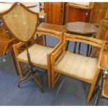 PAIR OAK OPEN ARMCHAIRS ON SQUARE SUPPORTS AND MAHOGANY POLESCREEN WITH REEDED COLUMN ON 3