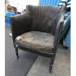 19TH CENTURY GREEN LEATHER TUB LIBRARY ARMCHAIR ON REEDED MAHOGANY SUPPORTS Condition