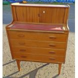 TEAK BUREAU WITH PULL-OUT SLIDE OVER 4 DRAWERS WITH 2 TAMBOUR PANEL DOORS ABOVE ON TAPERED SUPPORTS,