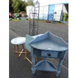 PAINTED PINE CORNER TABLE WITH SINGLE DRAWER ON TURNED SUPPORTS,