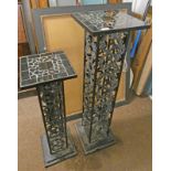 TILE TOPPED PLANT STAND WITH DECORATIVE WROUGHT METAL COLUMN WITH PIERCED DECORATION ON PLINTH BASE