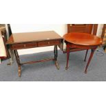 INLAID MAHOGANY SOFA TABLE WITH 2 DRAWERS AND MAHOGANY CIRCULAR TABLE ON QUEEN ANNE SUPPORTS