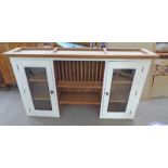 PAINTED OAK DRESSER TOP WITH CENTRAL SHELVES FLANKED BY 2 GLAZED PANEL DOORS 101 CM TALL X 176 CM